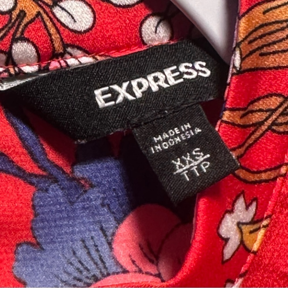Express Red Oriental Blossoms Choker Cap-sleeve Silky Blouse XXS TTP Light - Picture 3 of 16